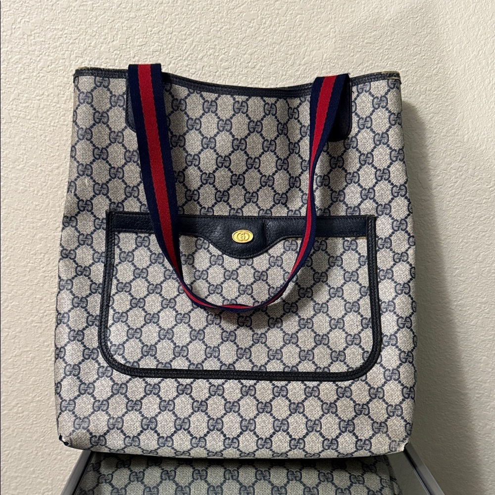 Vintage Gucci Beige and Navy Web Tote with Red Accents